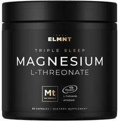 ELMNT Triple Sleep Magnesium Threonate bottle showing Magtein 1000mg, L-Theanine 200mg, Apigenin 50mg