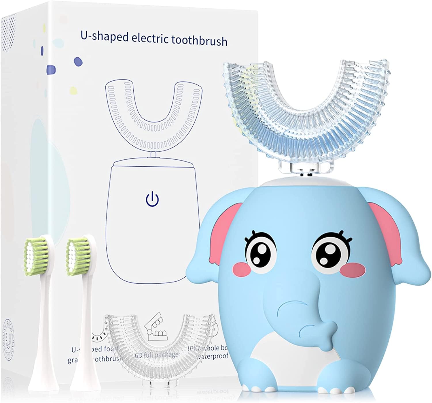 ELOTAME Kids Electric U Shaped Toothbrush blue with 360 degree silicone head