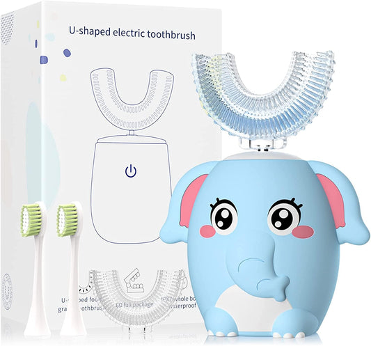 ELOTAME Kids Electric U Shaped Toothbrush blue with 360 degree silicone head