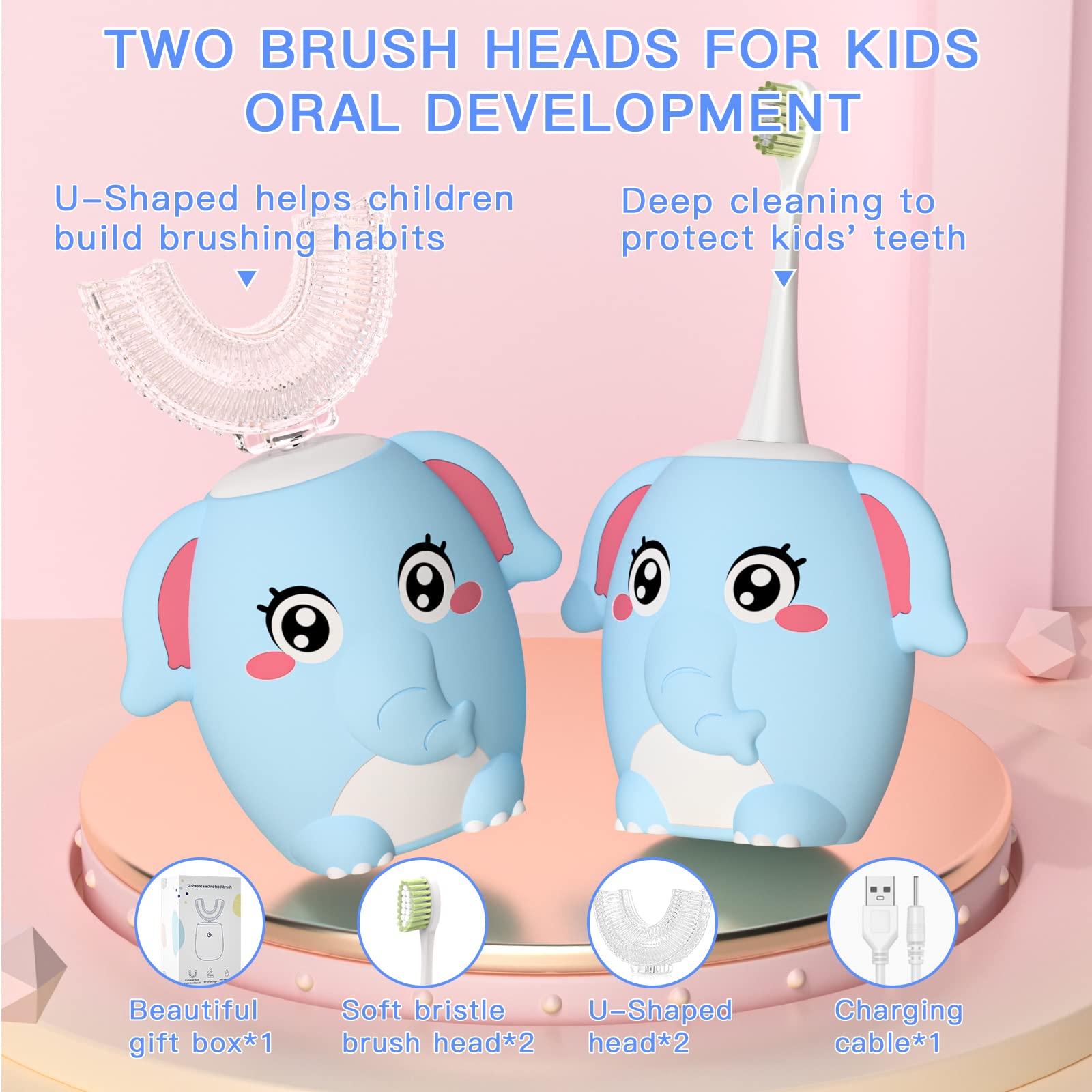 Four brush heads included for kids