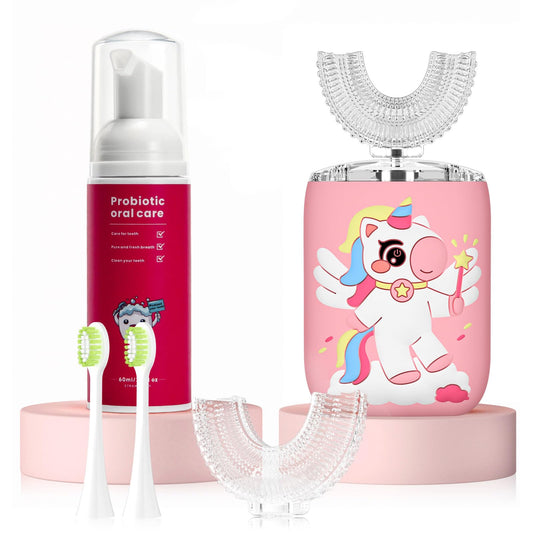 ELOTAME Kids Electric U-Shaped Toothbrush in pink with unicorn design