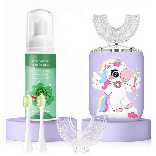 ELOTAME Kids Electric U-Shaped Unicorn Toothbrush purple - front view