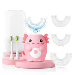 ELOTAME kids electric U-shaped toothbrush with Axolotl design in pink – front view
