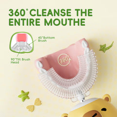 360° cleaning illustrated by 45° tilt and 90° bottom brush