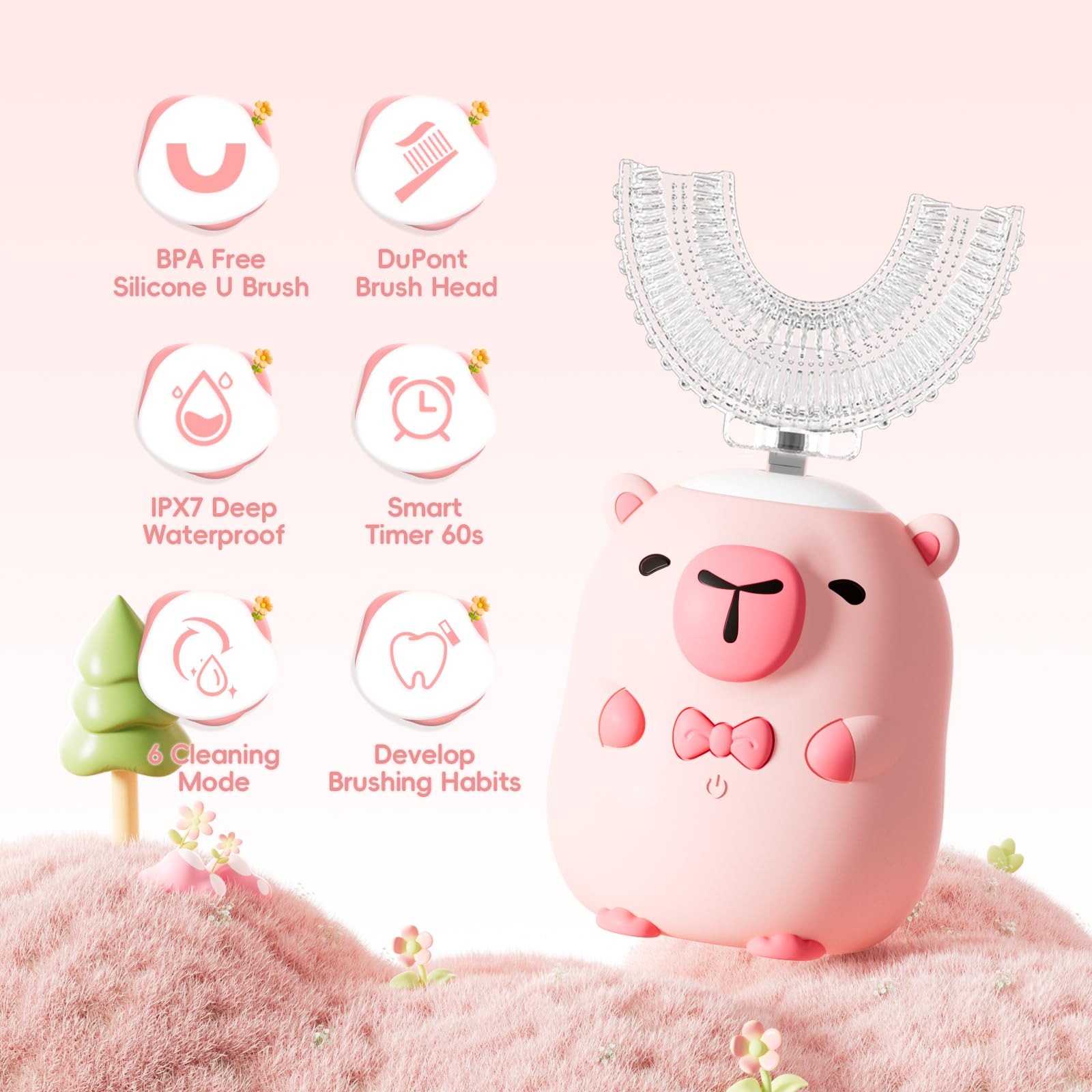 Cute capybara design on ELOTAME kids toothbrush pink variant