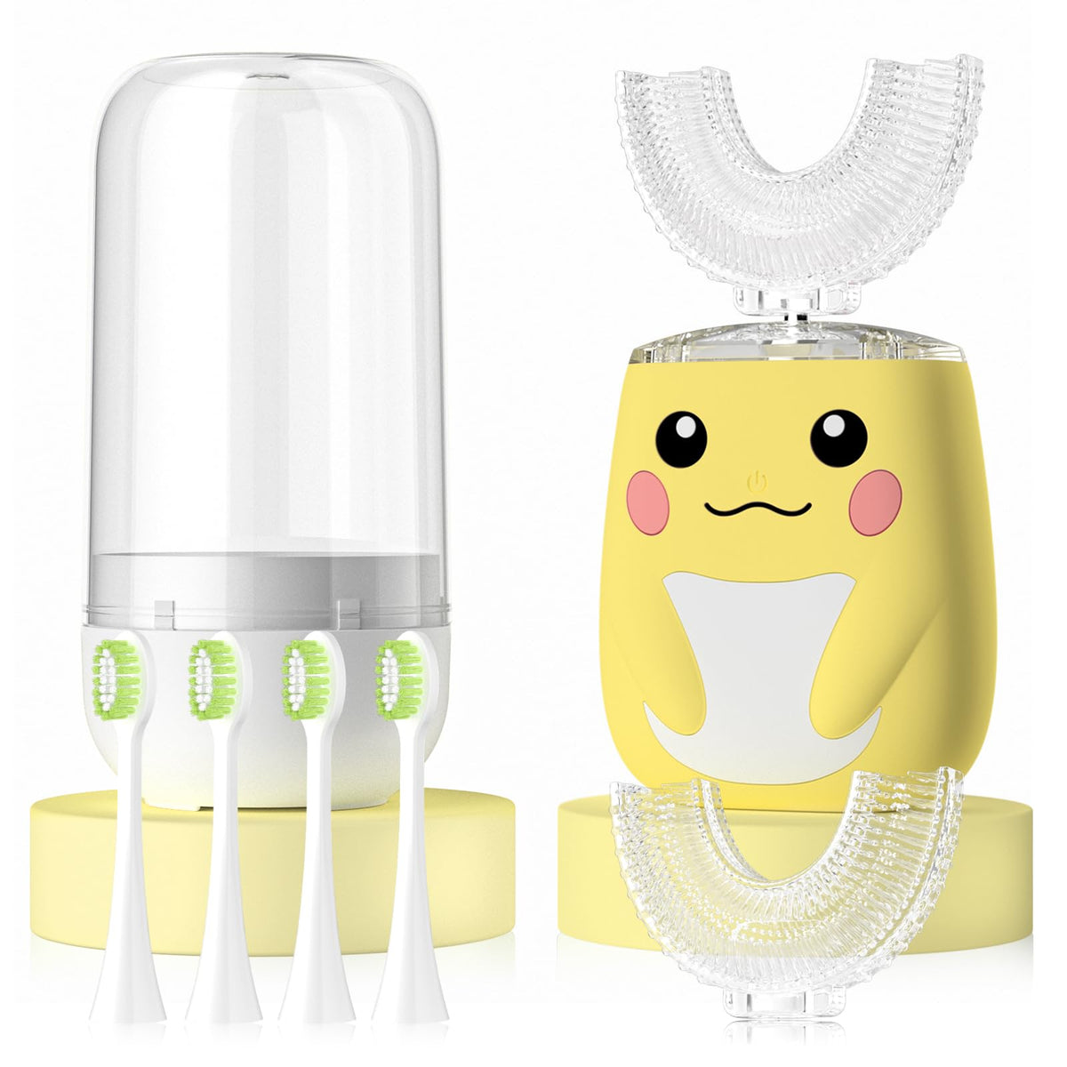 Front view of ELOTAME Kids U-Shaped Electric Toothbrush in yellow