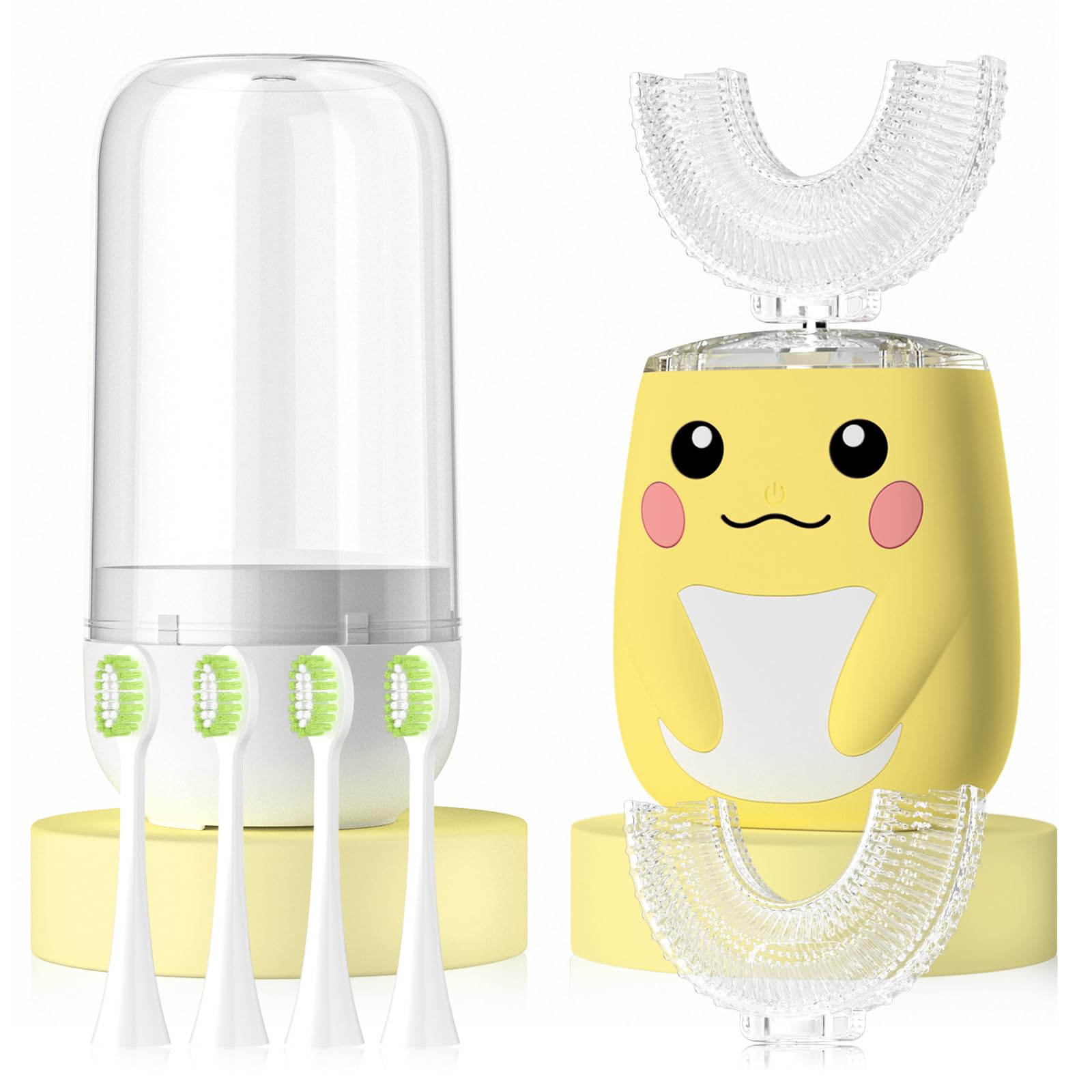 ELOTAME kids U-shaped electric toothbrush yellow with six replaceable brush heads