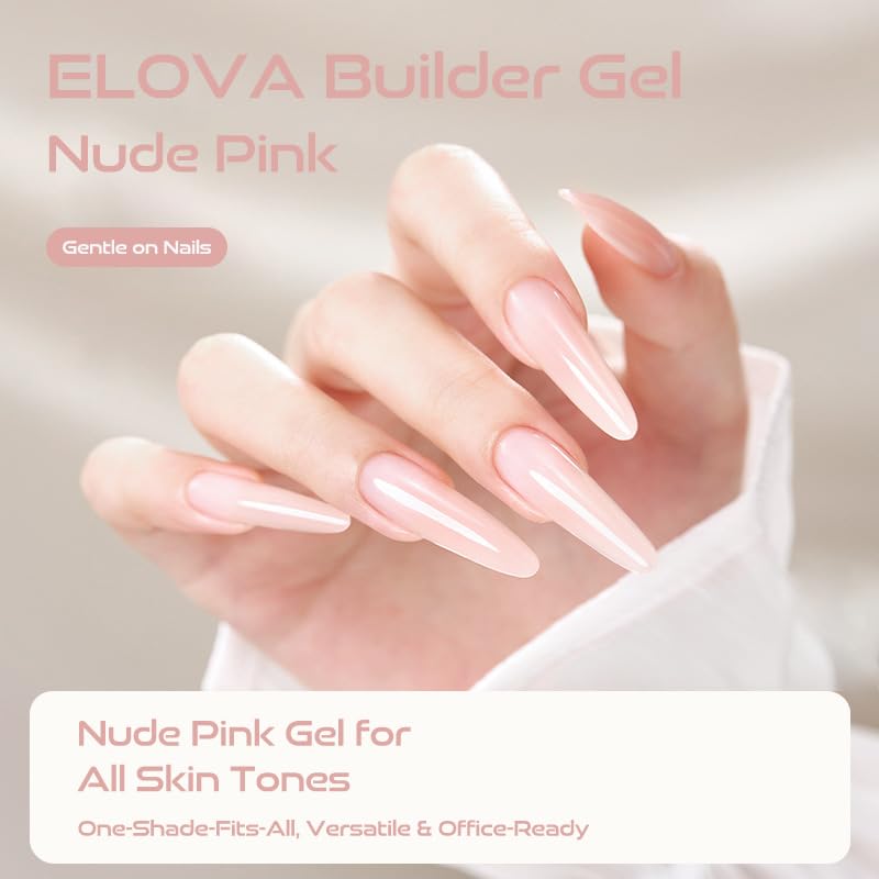 Elova Builder Gel nude pink nails close-up highlighting natural translucence and durability