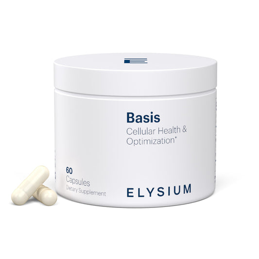ELY-SIUM Basis NAD+ supplement bottle label showing NR-E 250 mg and Pterostilbene 50 mg