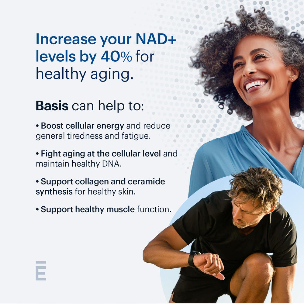 Close-up of Basis NAD+ bottle neck and label typography