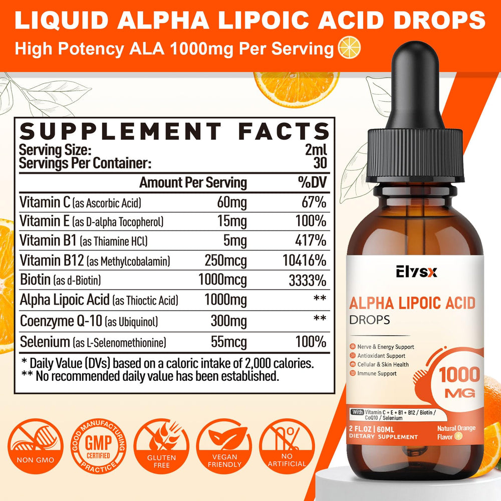 Supplement facts highlighting ALA, CoQ10, vitamins C & E, and selenium