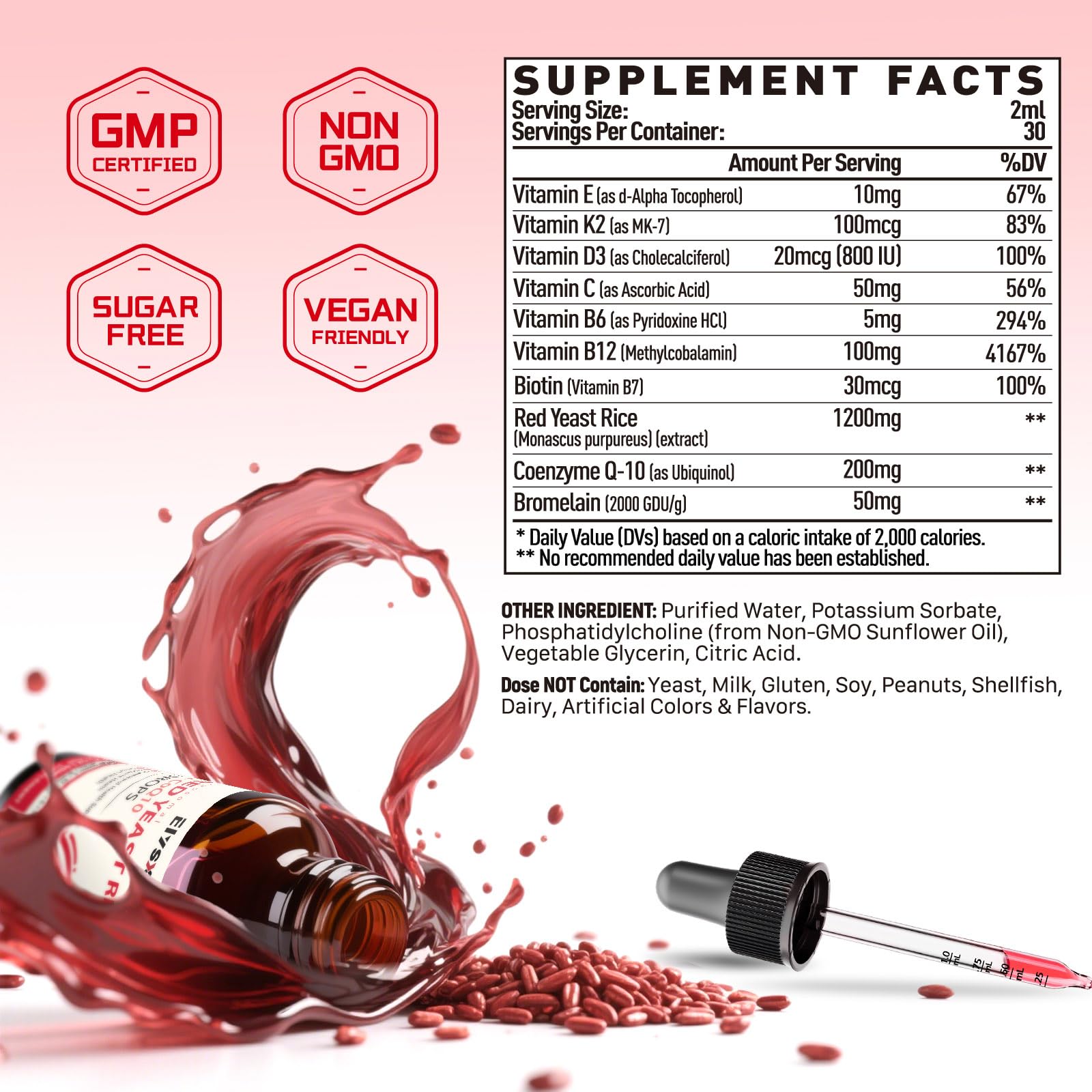 Vitamins K2, D3, E, C, B6, B12, Biotin and Bromelain