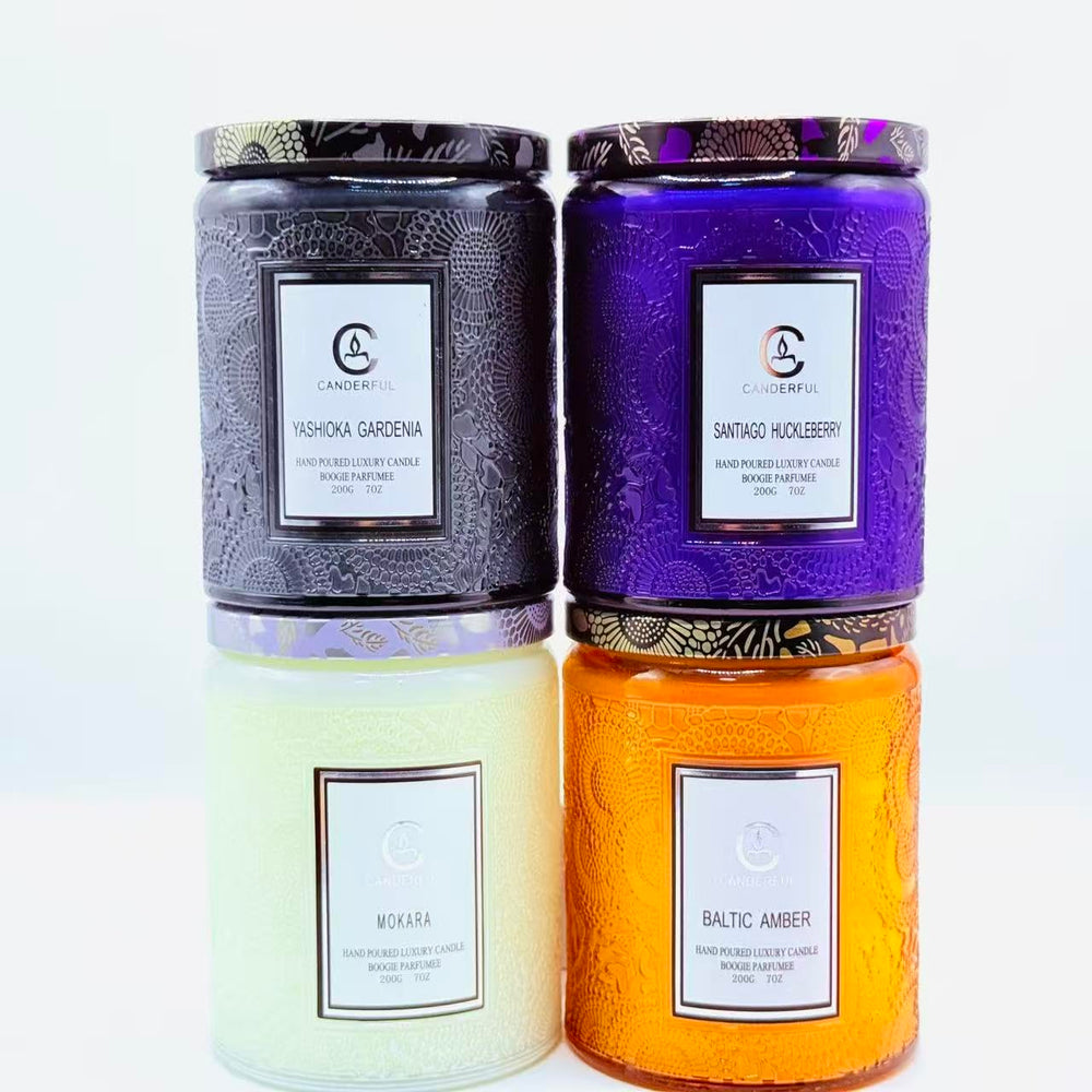 Close-up of embossed jar surface reflecting light