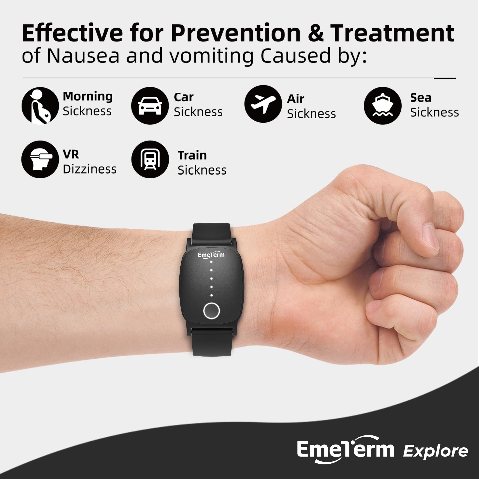 EmeTerm Explore wristband close-up highlighting TEAS technology for relief potential