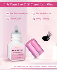 EMEDA open eye safe lash glue bottle highlighting gentle formula