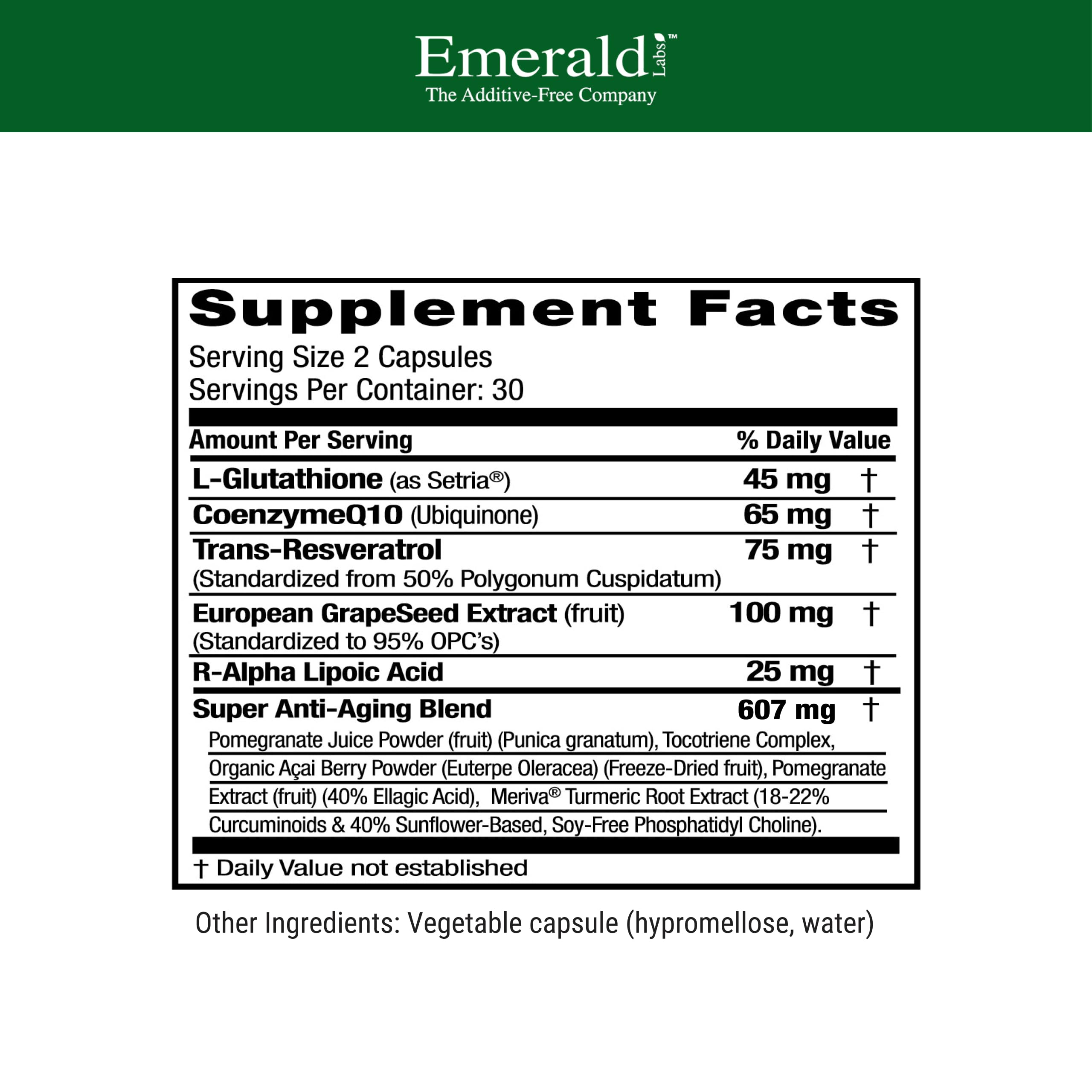 Close-up of supplement facts highlighting Setria L-Glutathione and CoQ10