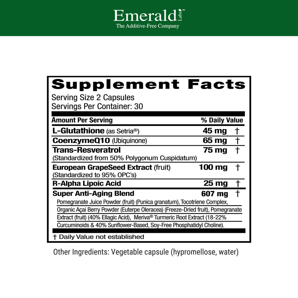Close-up of supplement facts highlighting Setria L-Glutathione and CoQ10