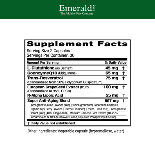 Close-up of supplement facts highlighting Setria L-Glutathione and CoQ10