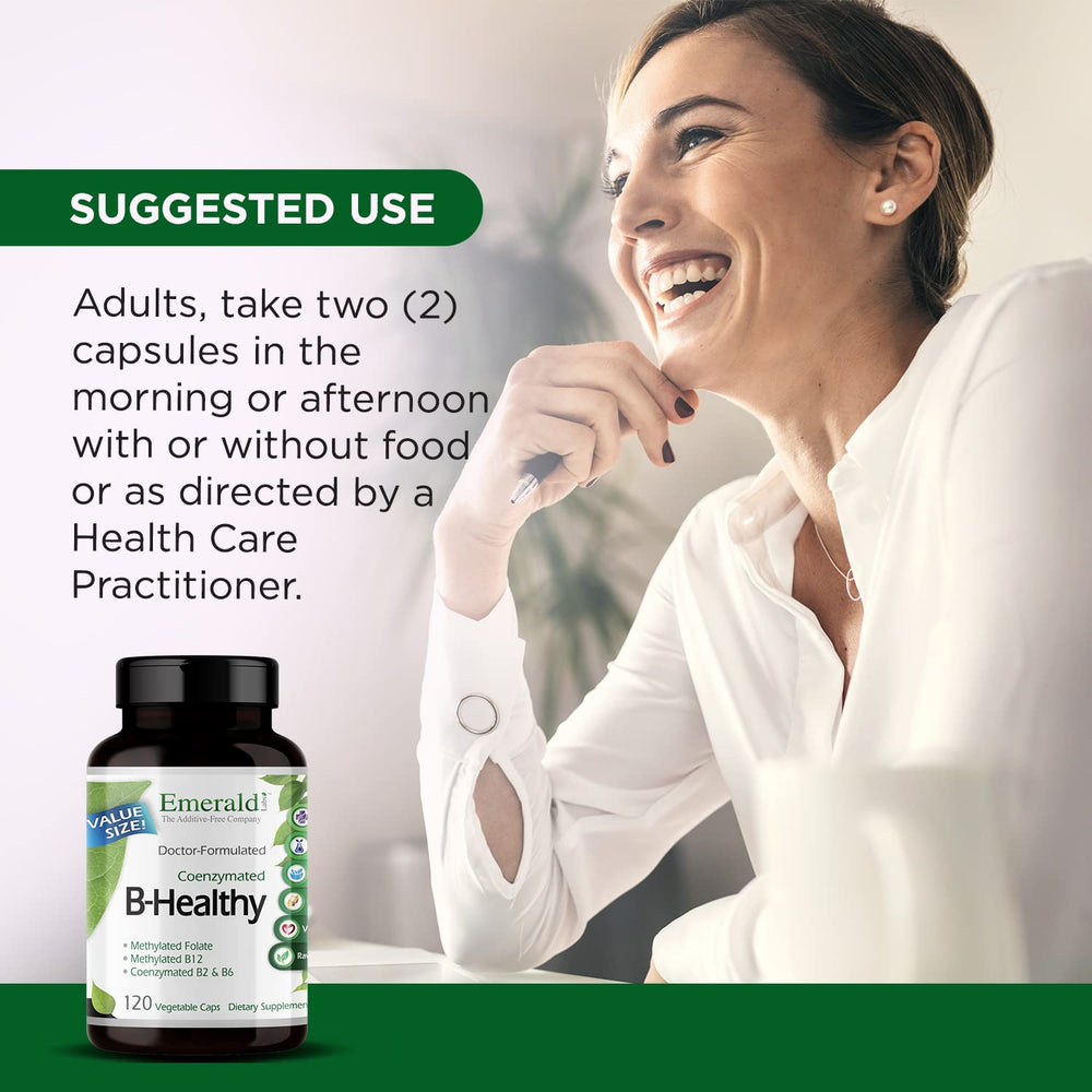 Emerald Labs B-Healthy bottle on cupboard suggesting convenient daily supplementation.