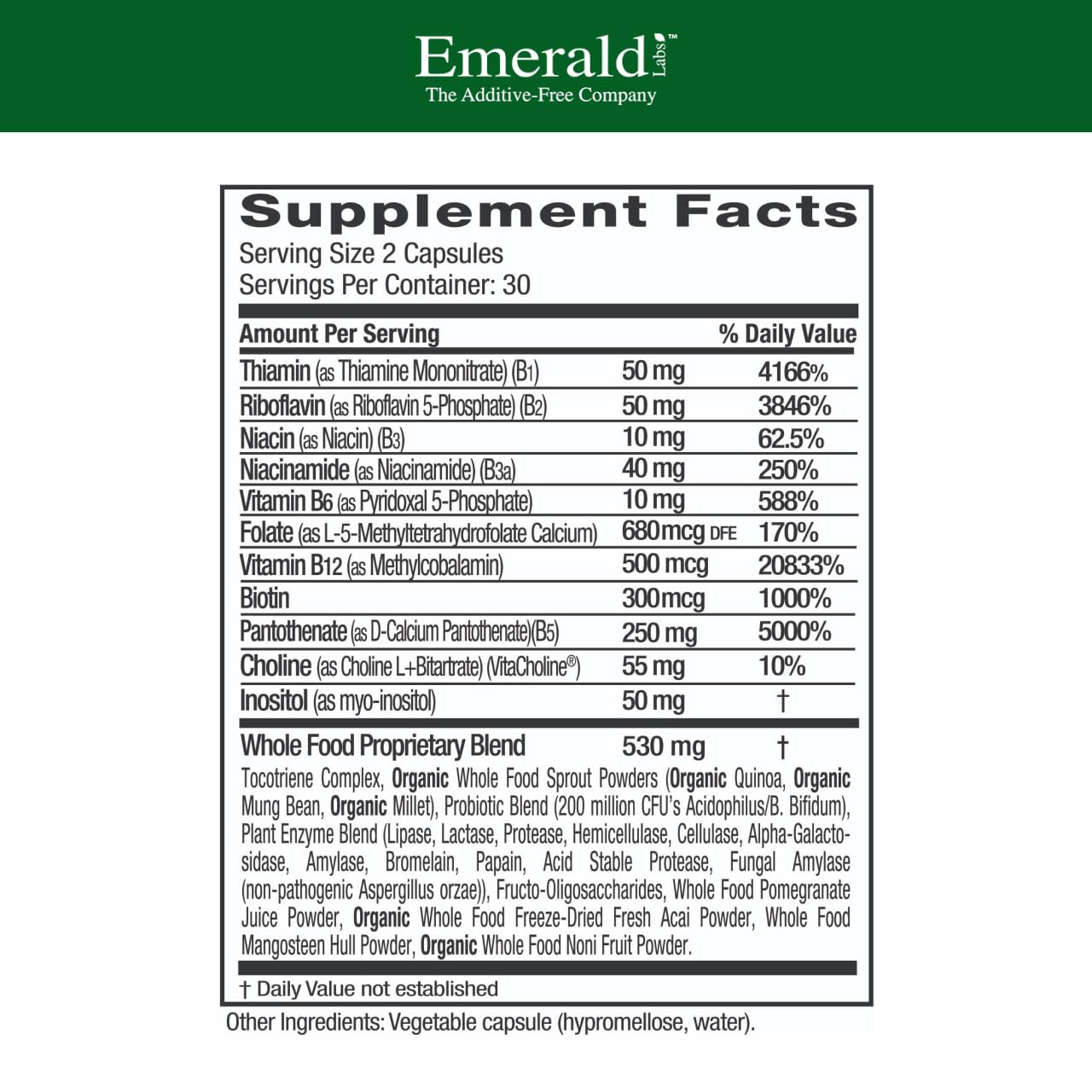 Close-up label showing methylated folic acid and full-spectrum B vitamins