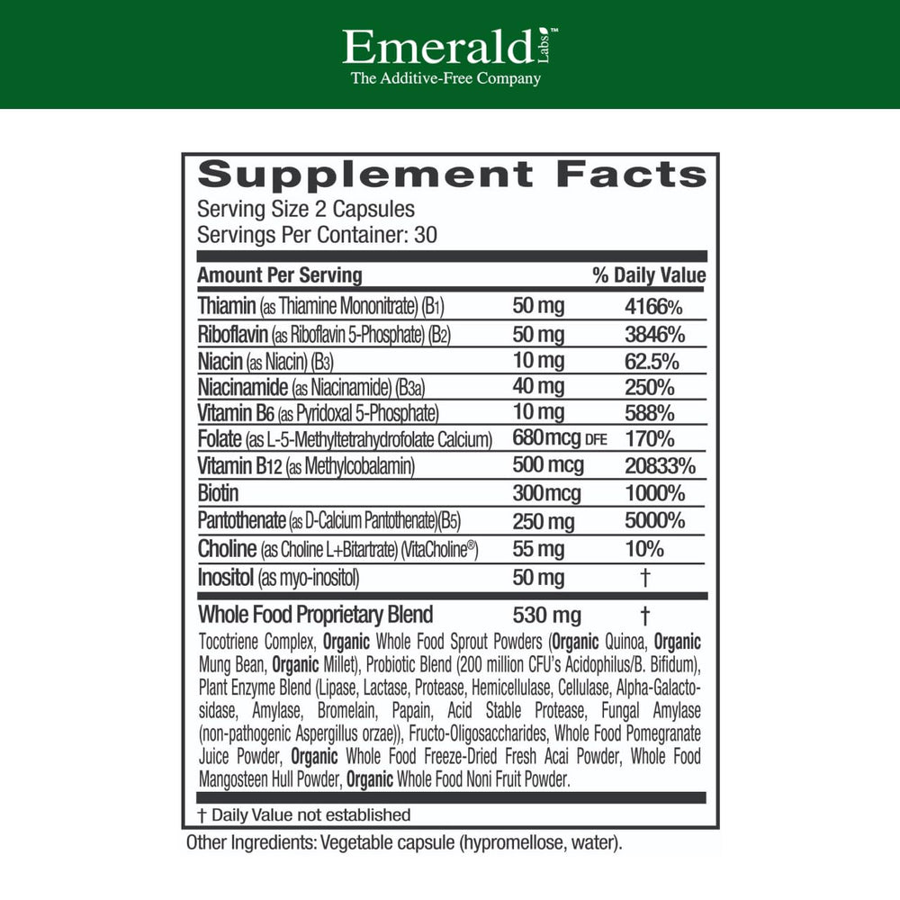 Close-up label showing methylated folic acid and full-spectrum B vitamins