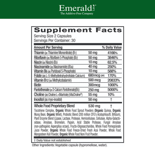 Close-up label showing methylated folic acid and full-spectrum B vitamins