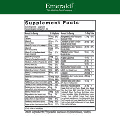 Close-up of Emerald Labs multivitamin bottle and capsules