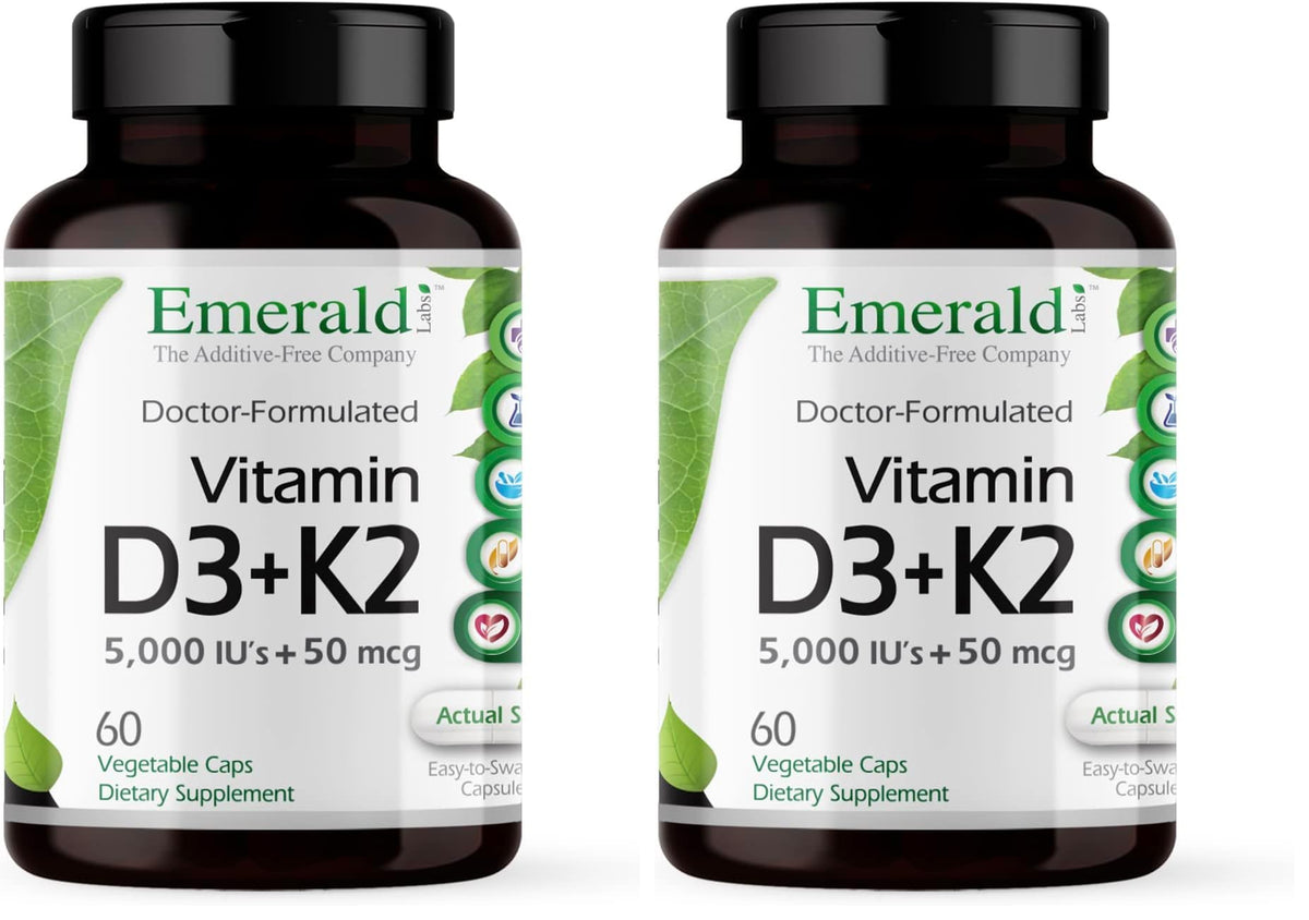 EMERALD LABS Vitamin D3+K2 bottle front with label, 60 vegetable capsules, Pack of 2