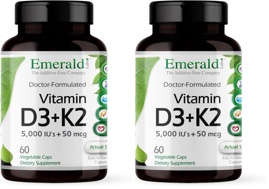 EMERALD LABS Vitamin D3+K2 bottle front with label, 60 vegetable capsules, Pack of 2