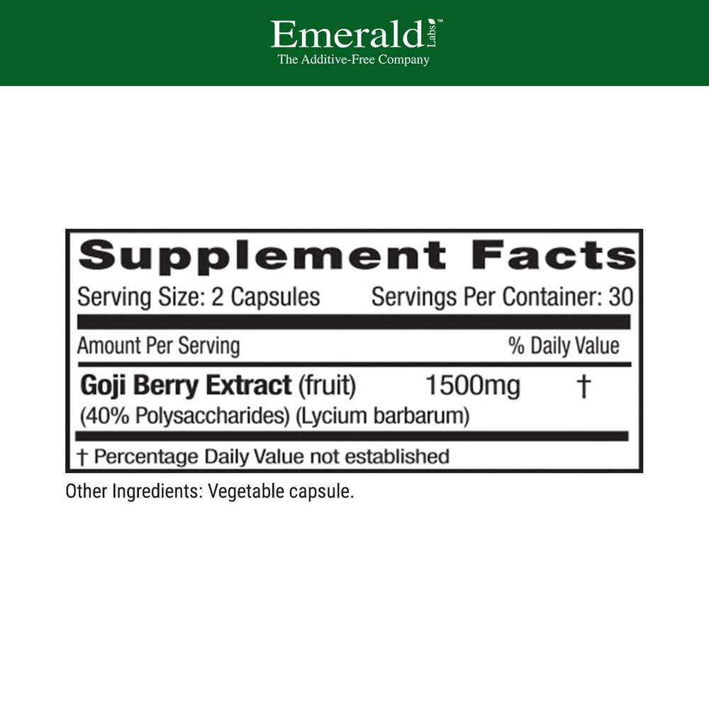 Nutrition facts label on Emerald Labs Goji Berry bottle