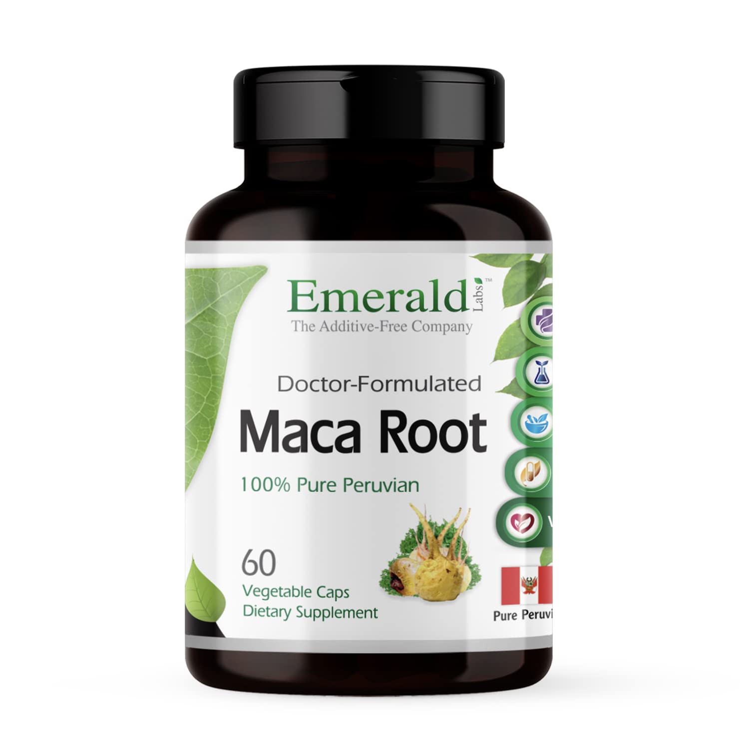 Emerald Labs Peruvian Maca Root bottle label with Organic Maca Root Supplement
