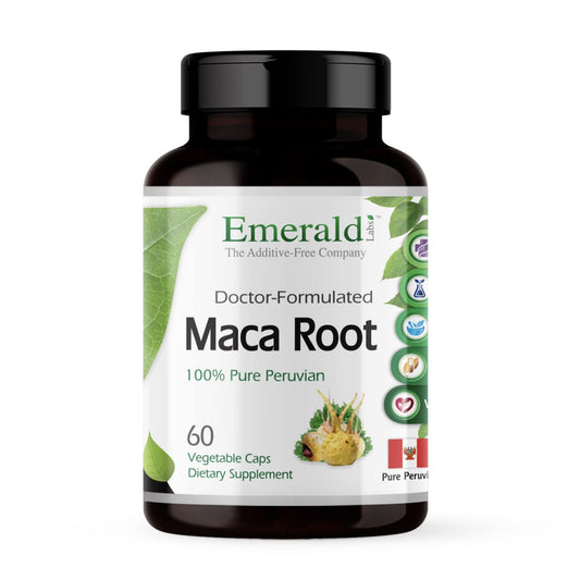 Emerald Labs Peruvian Maca Root bottle label with Organic Maca Root Supplement