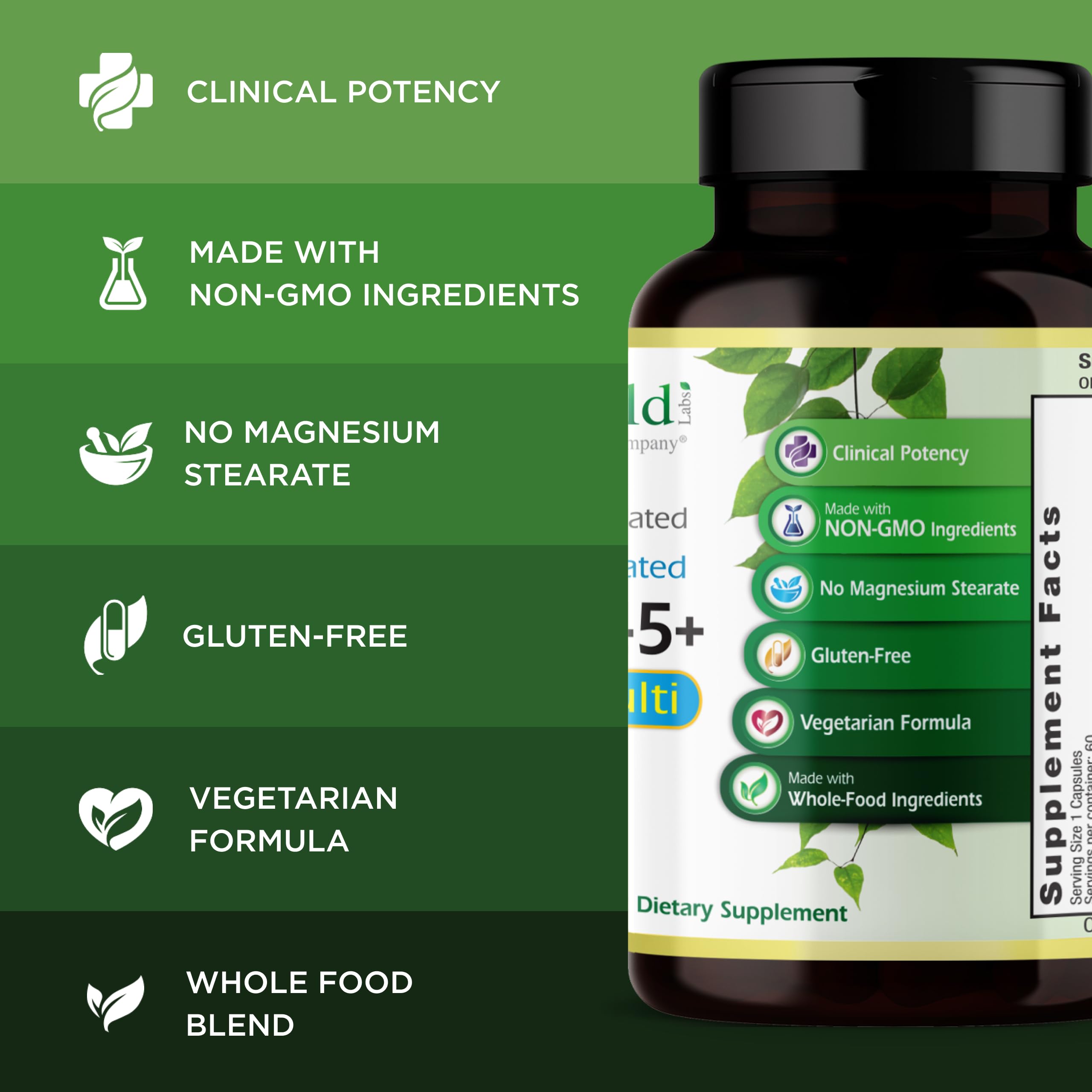 Emerald Labs Men's 45+ 1-Daily Multi gluten-free packaging emphasizes purity and additive-free formulation