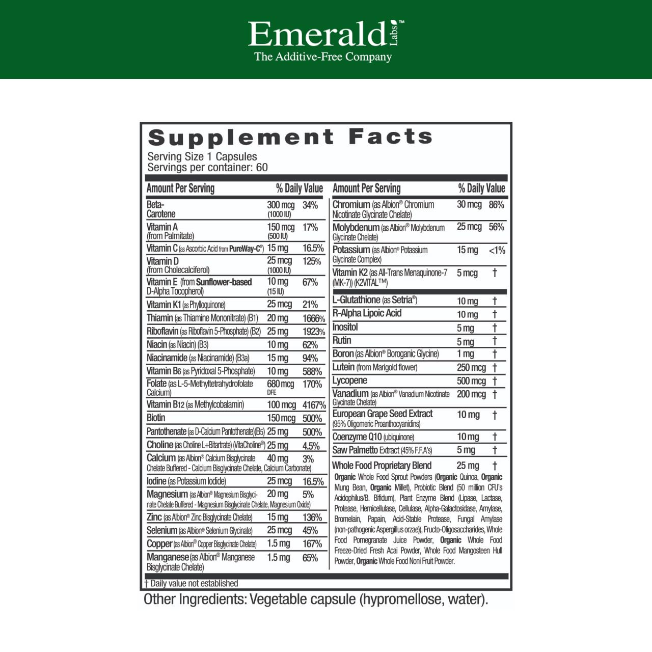 Emerald Labs Men's 45+ 1-Daily Multi label shows key nutrients for bone and heart support
