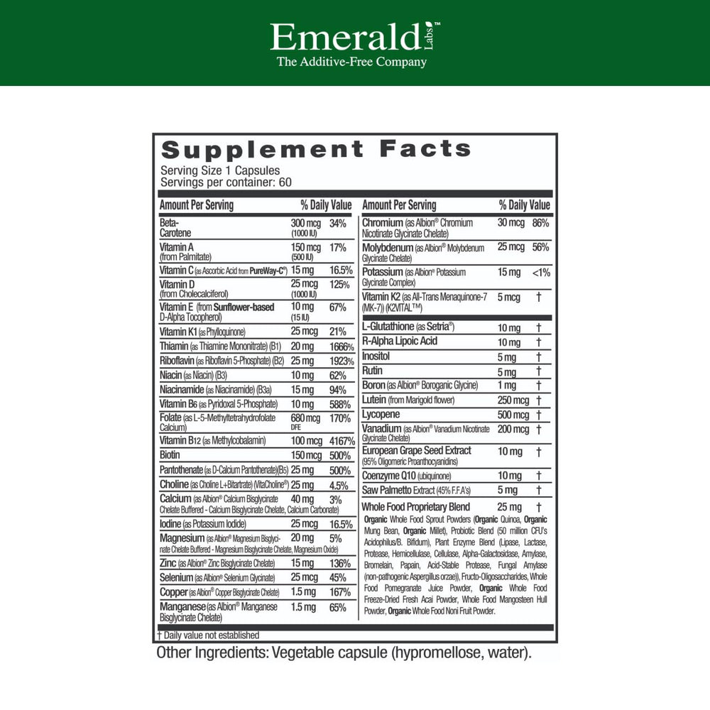Emerald Labs Men's 45+ 1-Daily Multi label shows key nutrients for bone and heart support