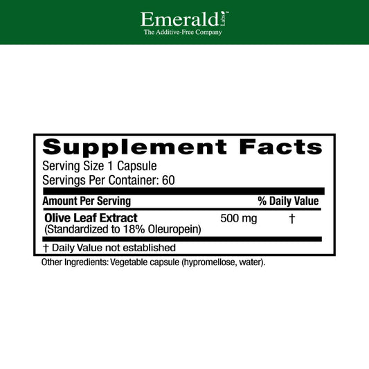 Close-up of Emerald Labs Olive Leaf 500mg bottle