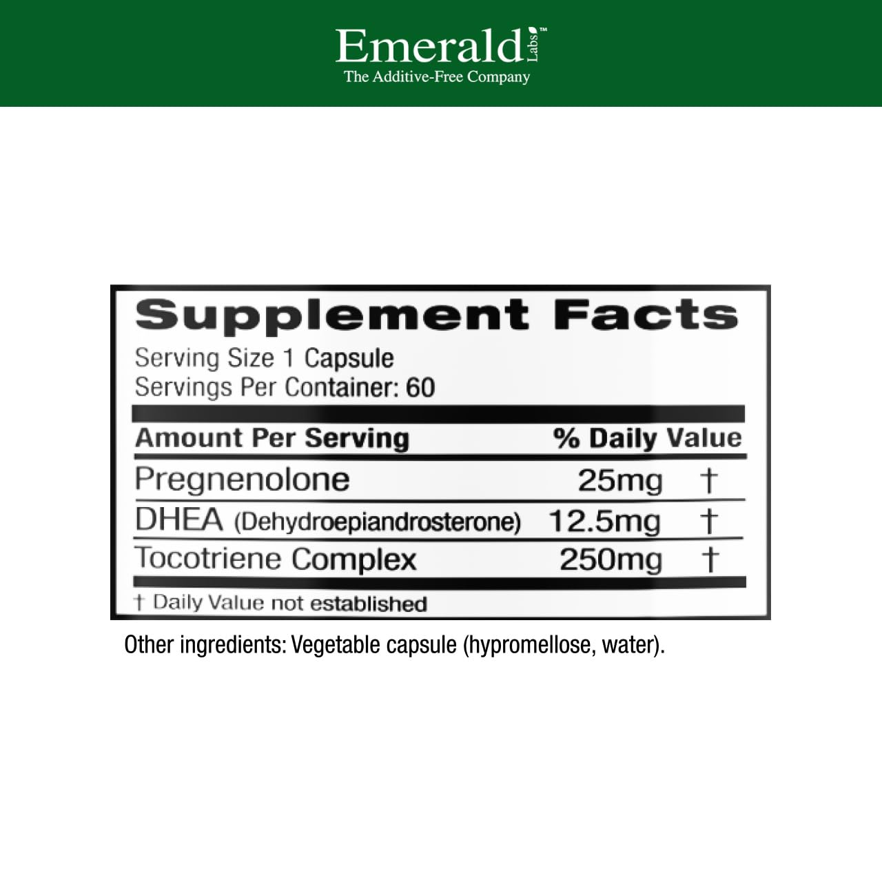 Supplement facts label for Pregnenolone 50mg with DHEA 25mg