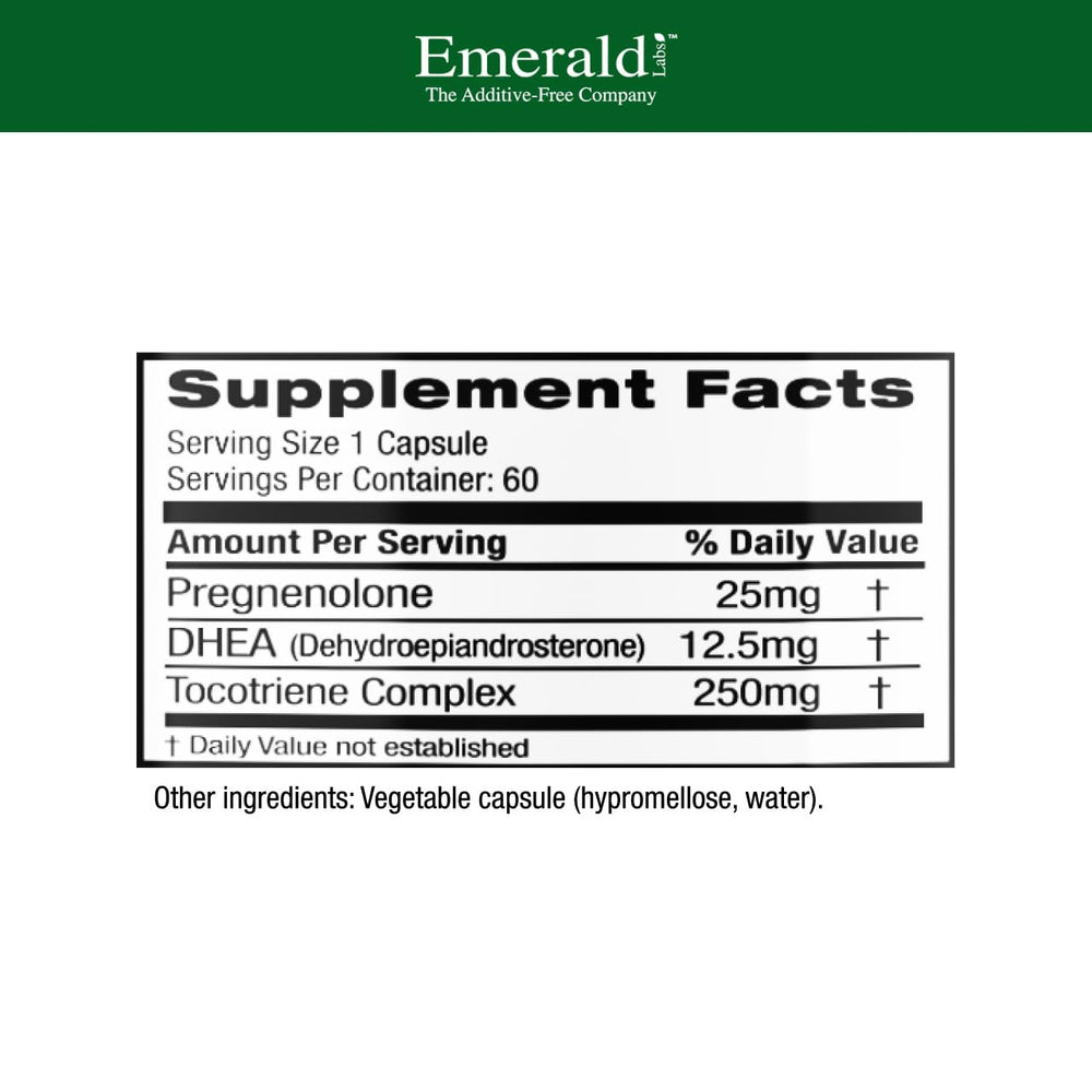 Supplement facts label for Pregnenolone 50mg with DHEA 25mg
