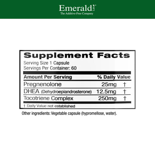 Supplement facts label for Pregnenolone 50mg with DHEA 25mg