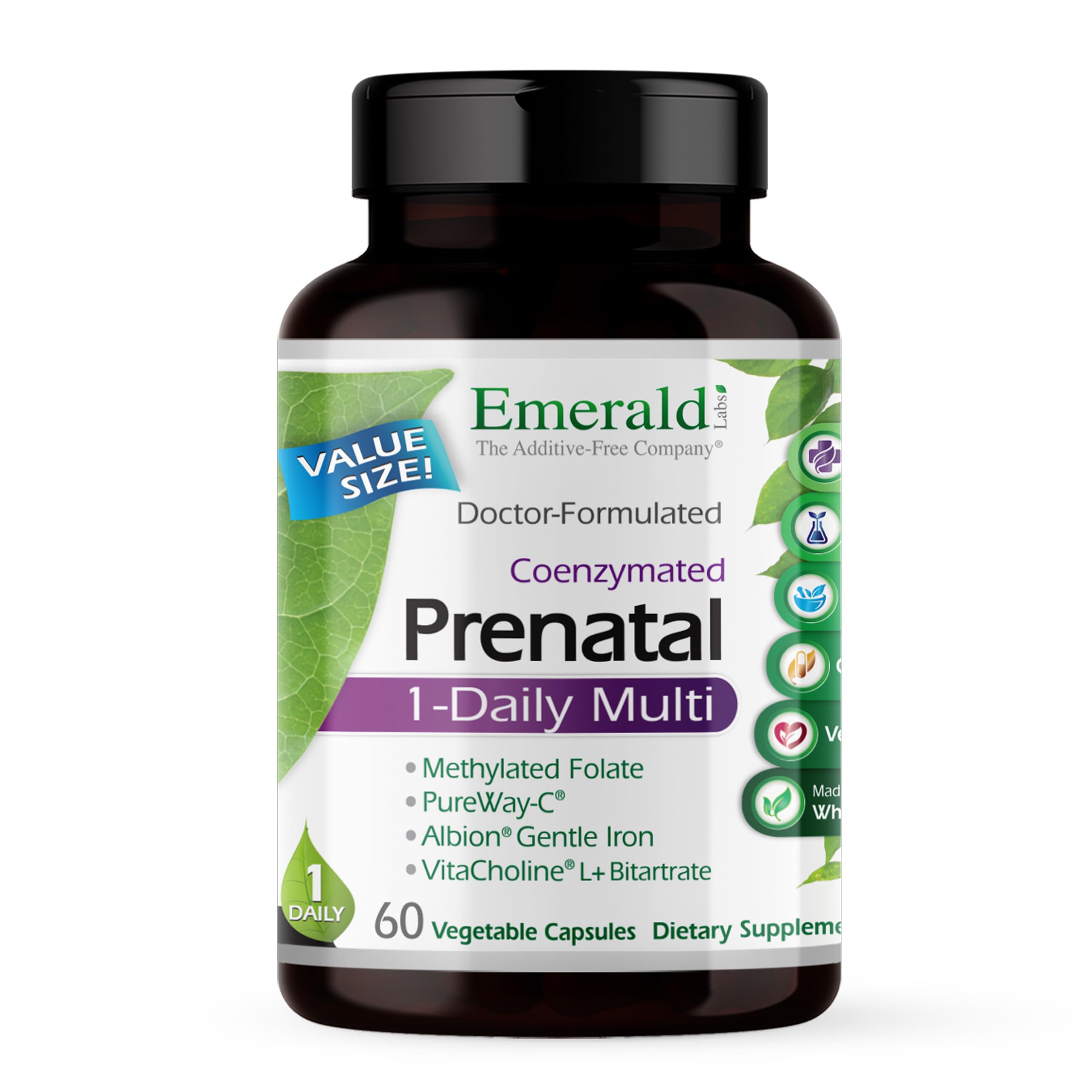 Emerald Labs Prenatal 1-Daily Multi bottle front view showing gentle iron support