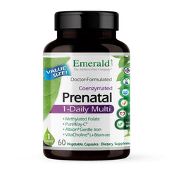 Emerald Labs Prenatal 1-Daily Multi bottle front view showing gentle iron support