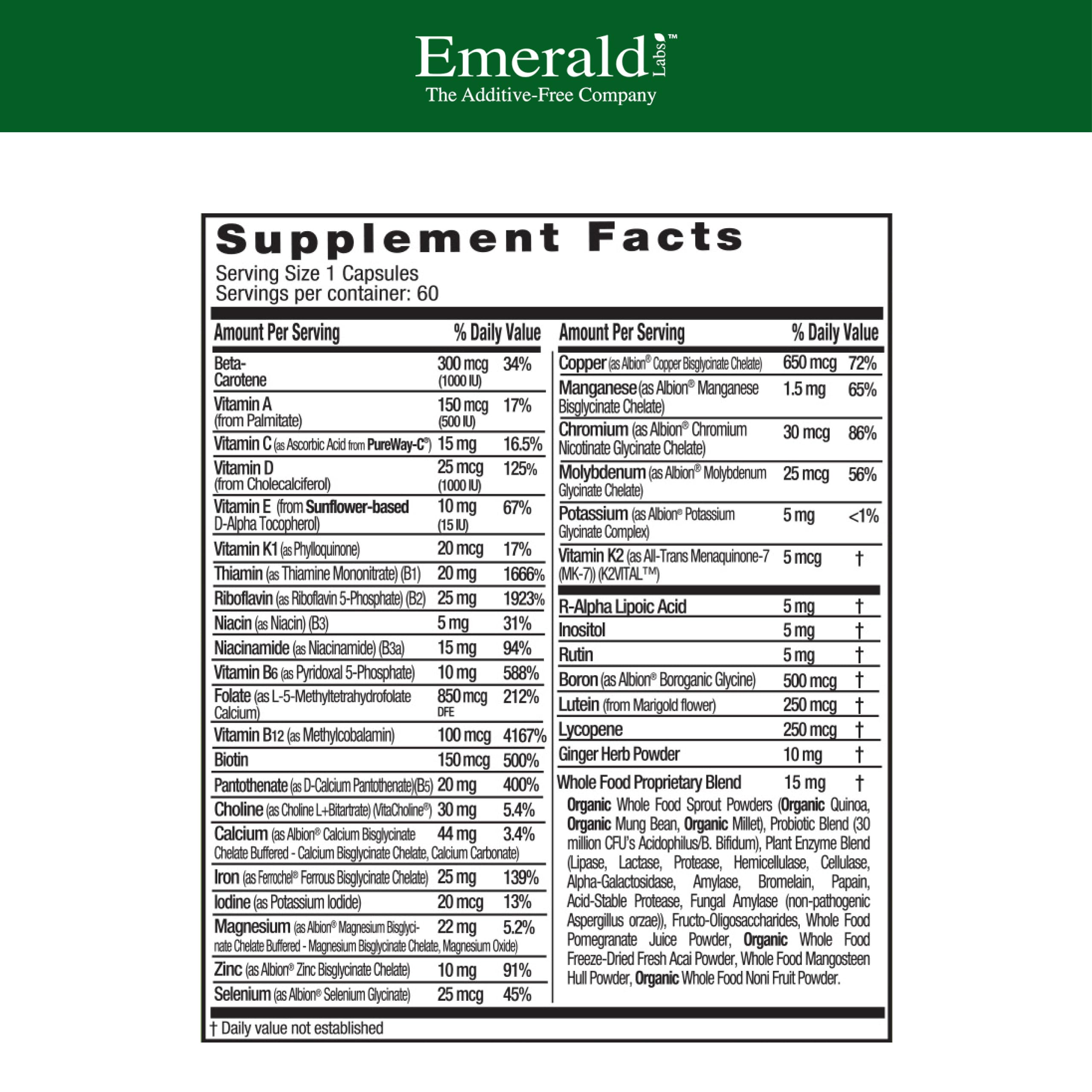 Emerald Labs Prenatal 1-Daily Multi bottle label closeup highlighting methylated folate