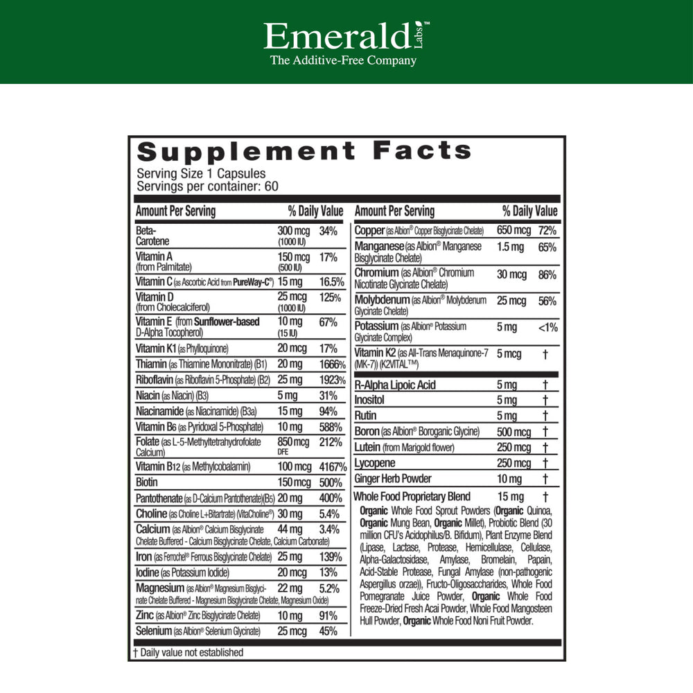 Emerald Labs Prenatal 1-Daily Multi bottle label closeup highlighting methylated folate