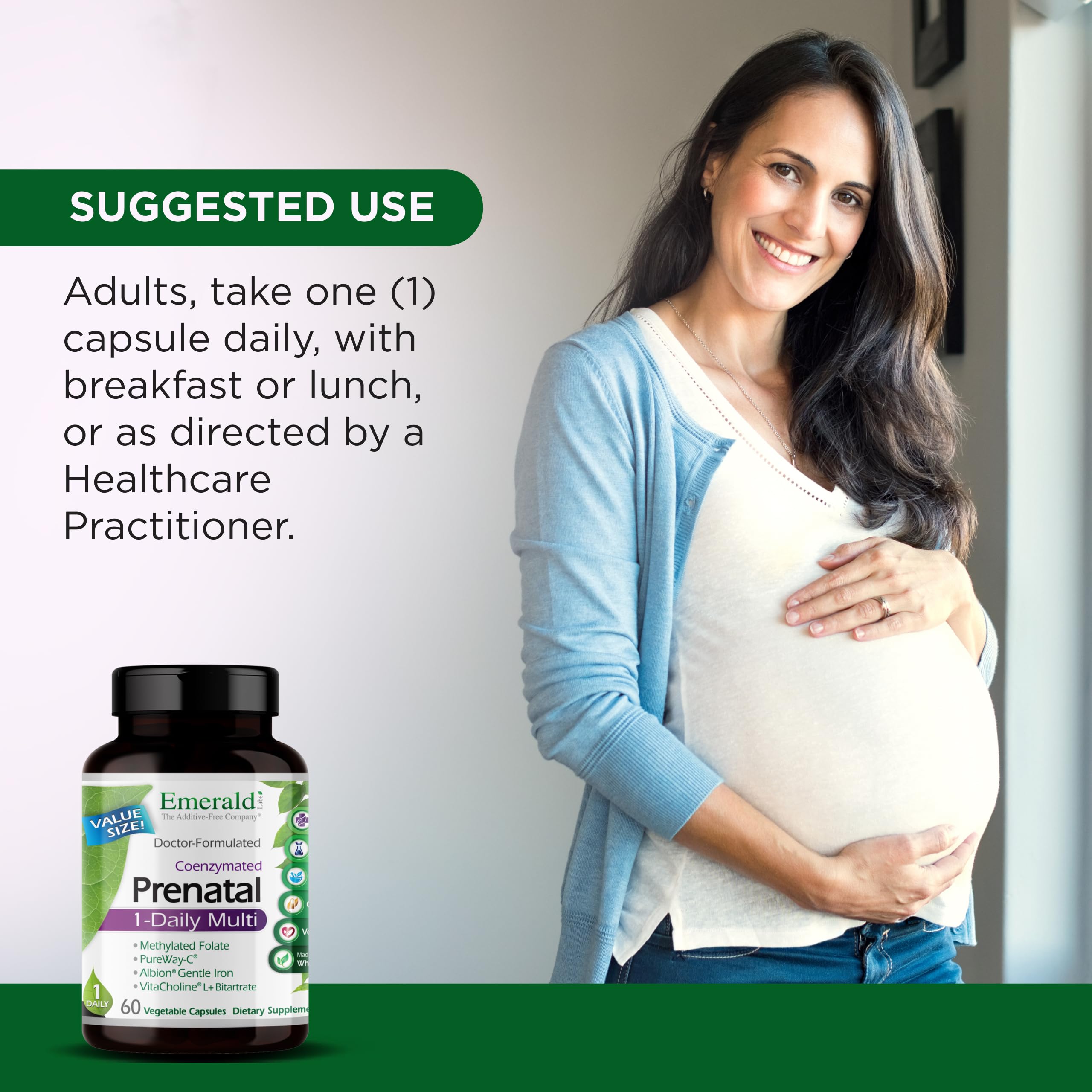 Emerald Labs Prenatal 1-Daily Multi packaging box noting soy-free and gluten-free claims