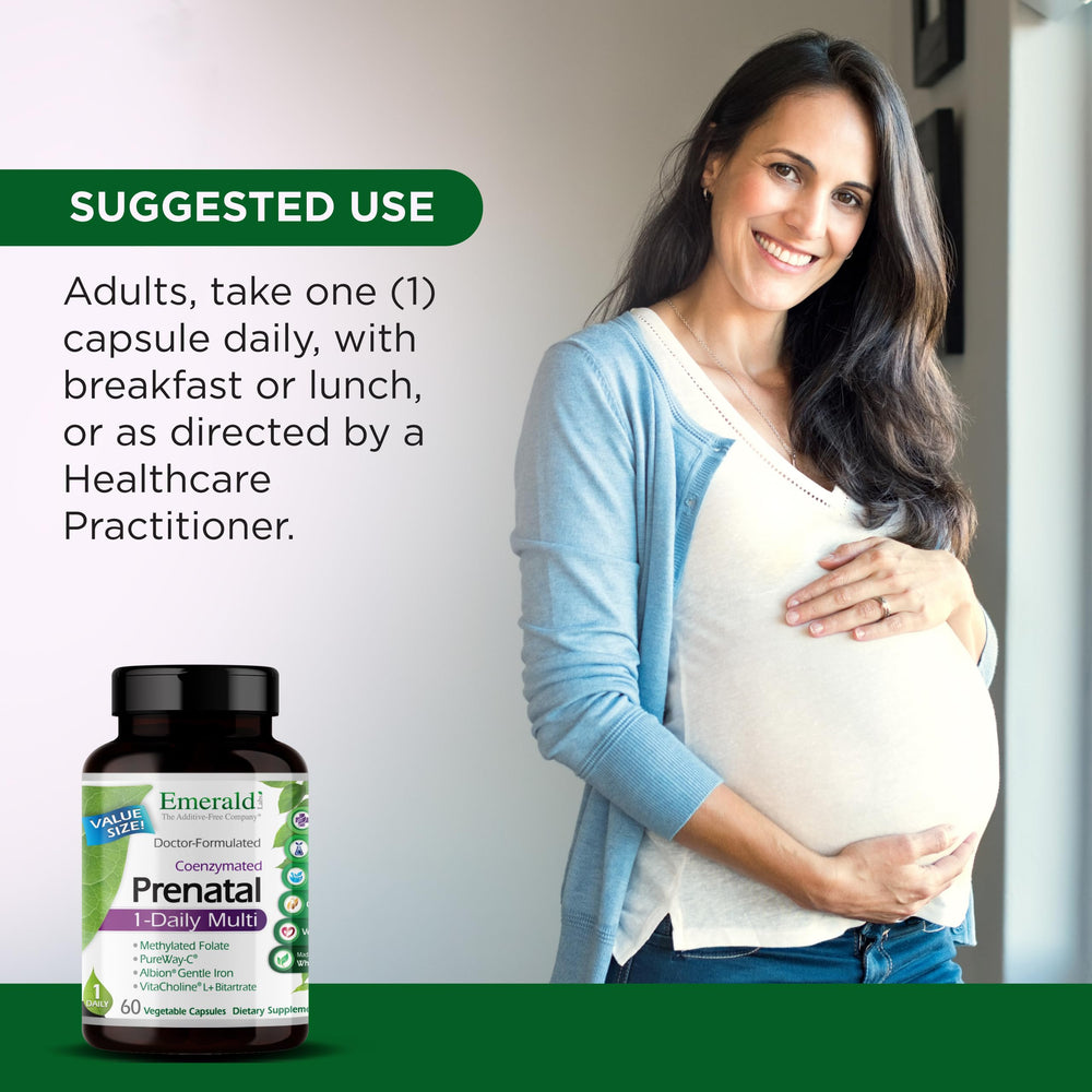 Emerald Labs Prenatal 1-Daily Multi packaging box noting soy-free and gluten-free claims