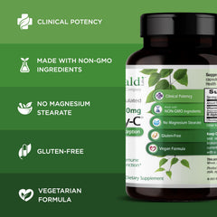 Graphic highlighting 500 mg vitamin C per 2 capsules