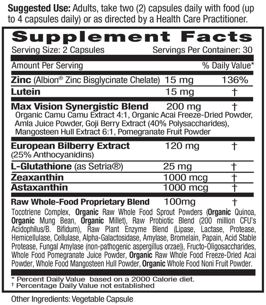 Vision Health product label with lutein and zeaxanthin