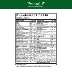 Emerald Labs Women's 45+ multivitamin bottle label highlighting gluten-free, vegetarian formula