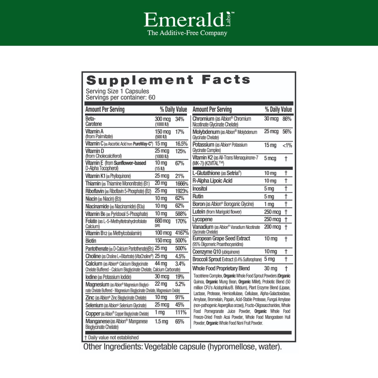 Emerald Labs Women's 45+ Multi capsules close-up for immune support and bone health.