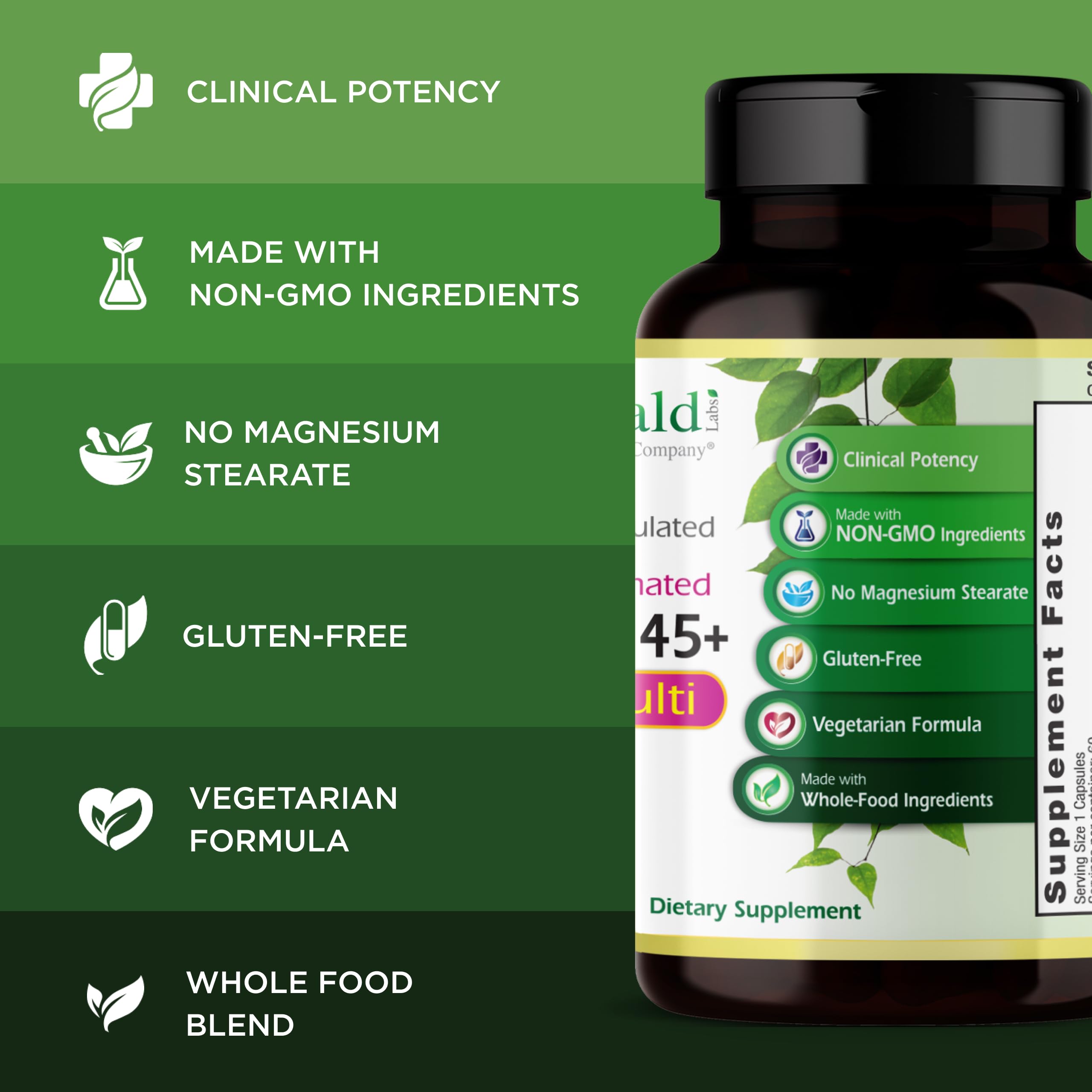 Emerald Labs Women's 45+ Multi packaging box emphasizing non-GMO and allergen-free design.